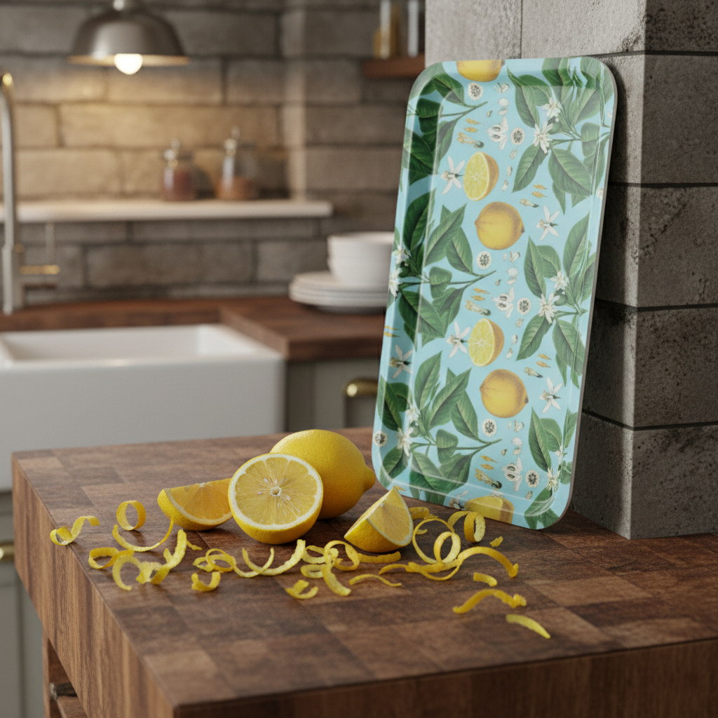 Grand plateau rectangulaire Citron 47,5 × 27,5 cm : plateau bandana citron robuste et déco